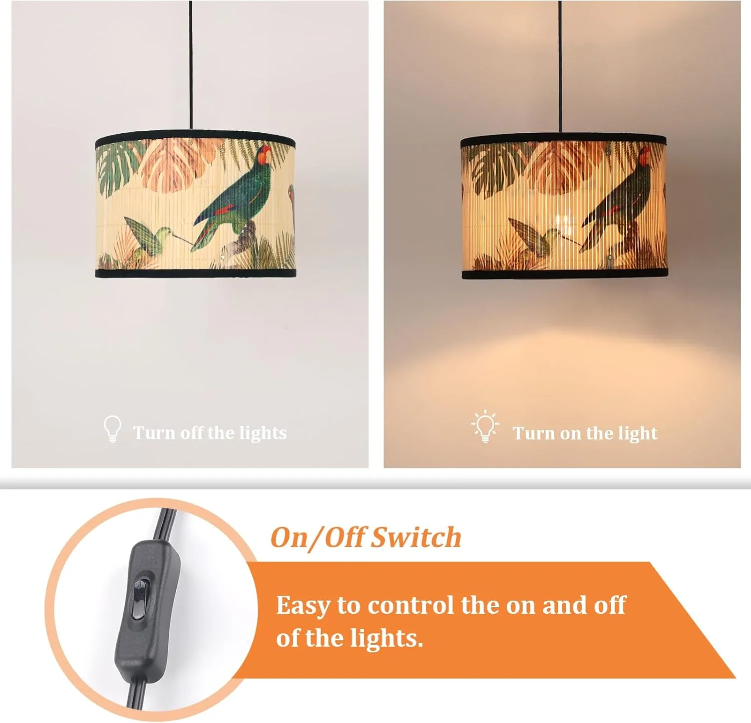 Eoiips Plug in Pendant Light Bamboo, 14.76ft Hanging Lamp with Plug in Cord, ON/Off Switch, Hanging Light Shade with Pattern, Pendant Light Fixture for Kitchen Island Bedroom Living Room (Parrot)