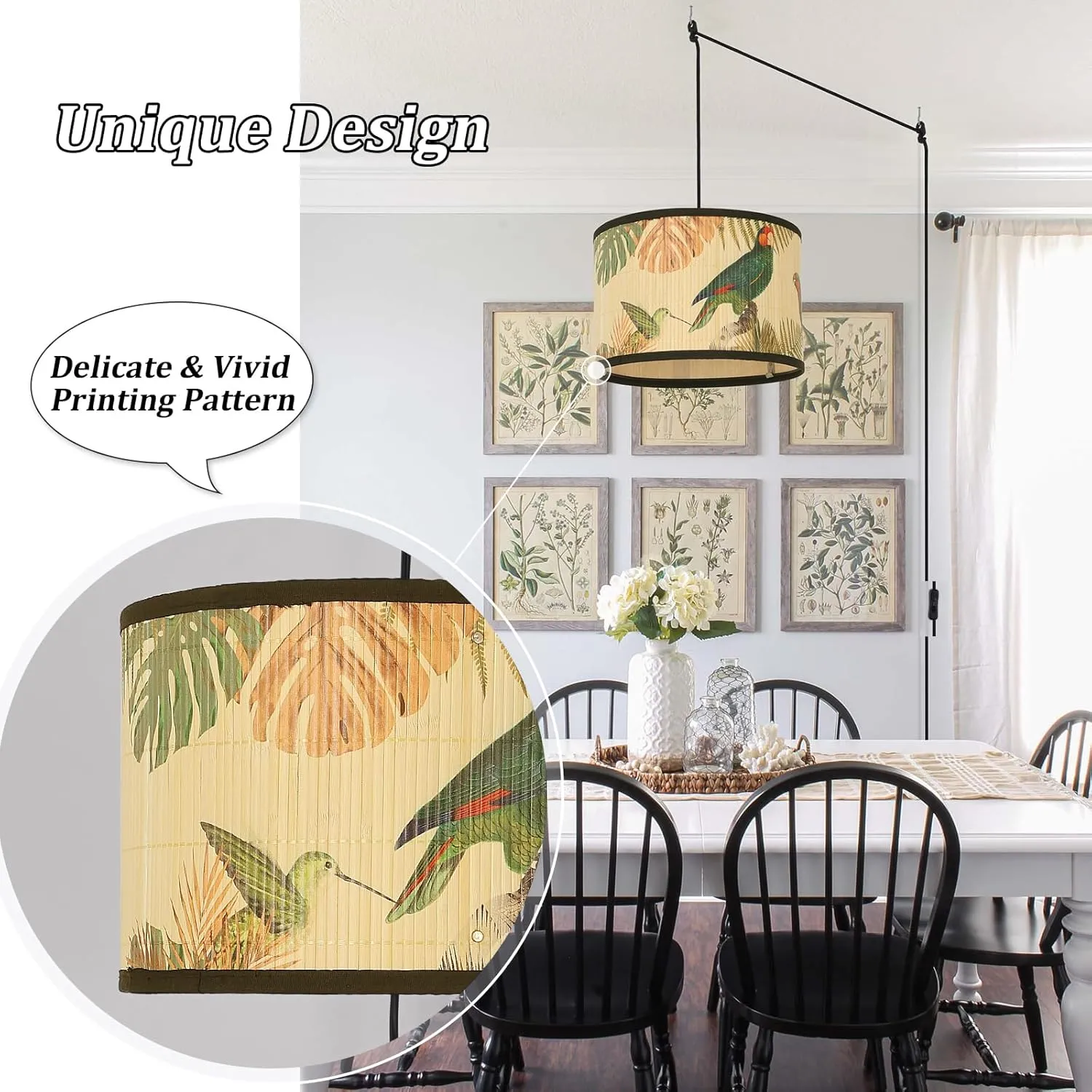 Eoiips Plug in Pendant Light Bamboo, 14.76ft Hanging Lamp with Plug in Cord, ON/Off Switch, Hanging Light Shade with Pattern, Pendant Light Fixture for Kitchen Island Bedroom Living Room (Parrot)