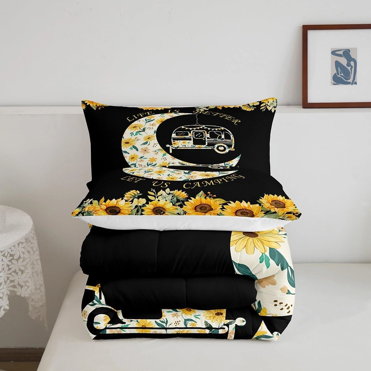 Erosebridal Boys Happy Camping Comforter Set Rustic Farmhouse Decor Bedding Set Car Print Duvet Insert Yellow Sunflowers Quilts Spring Summer Camping Theme Bedroom Collection 3Pcs Queen Size