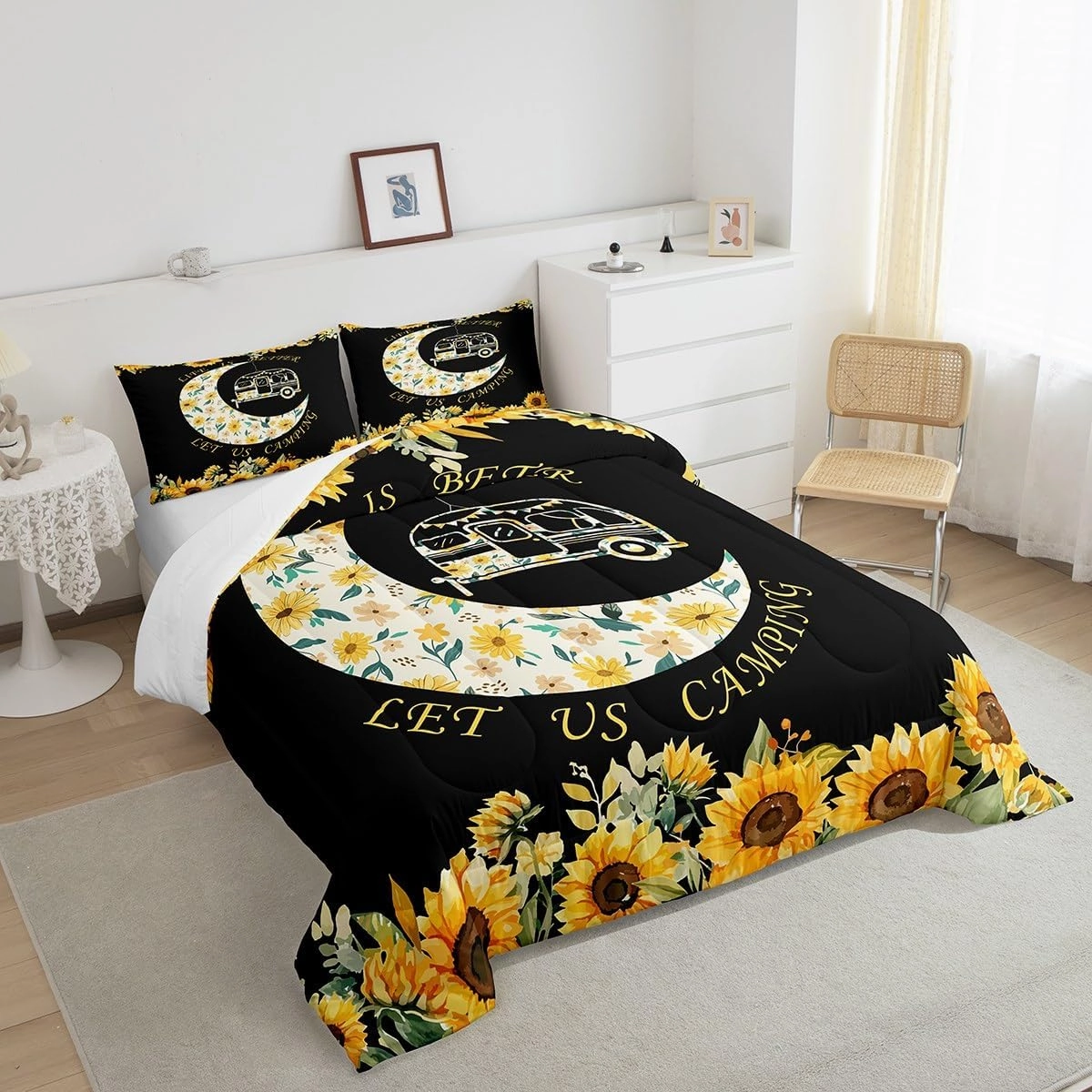 Erosebridal Boys Happy Camping Comforter Set Rustic Farmhouse Decor Bedding Set Car Print Duvet Insert Yellow Sunflowers Quilts Spring Summer Camping Theme Bedroom Collection 3Pcs Queen Size