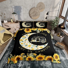 Erosebridal Boys Happy Camping Comforter Set Rustic Farmhouse Decor Bedding Set Car Print Duvet Insert Yellow Sunflowers Quilts Spring Summer Camping Theme Bedroom Collection 3Pcs Queen Size