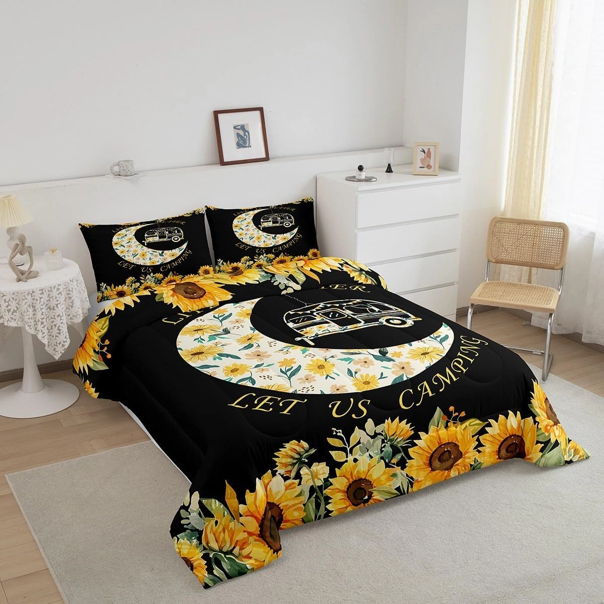 Erosebridal Boys Happy Camping Comforter Set Rustic Farmhouse Decor Bedding Set Car Print Duvet Insert Yellow Sunflowers Quilts Spring Summer Camping Theme Bedroom Collection 3Pcs Queen Size