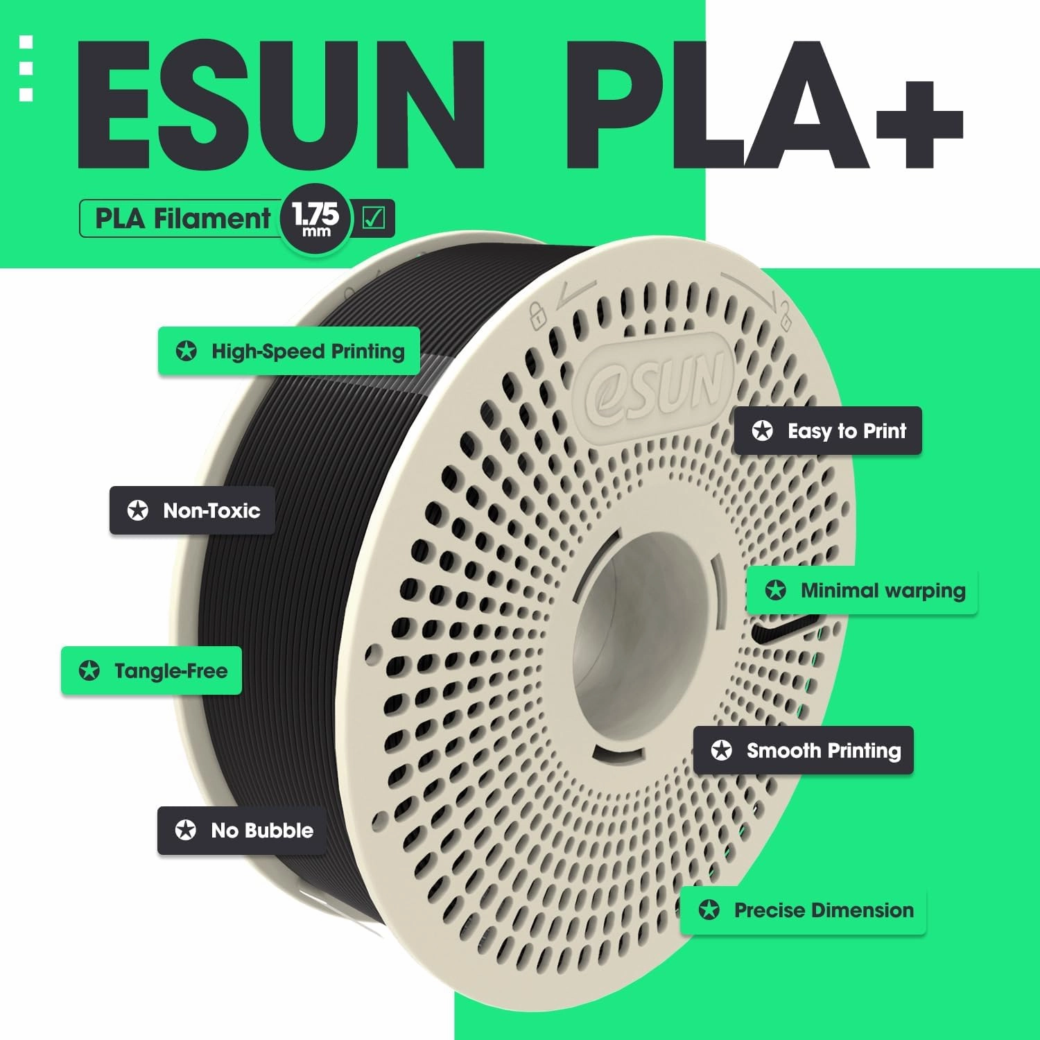 eSUN PLA  Refilament 1.75mm and Upgarded eSpool  Set, Reusable and Removable Filament Spool Replacement with 3D Printer Refill PLA Plus,Black