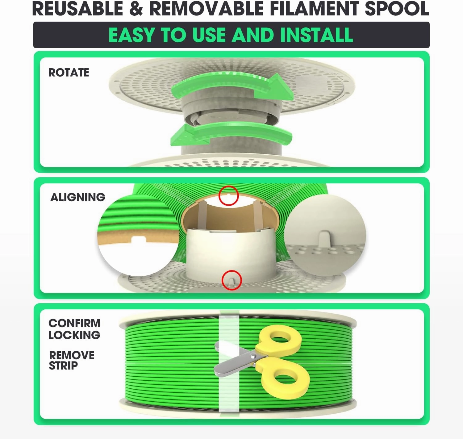 eSUN PLA  Refilament 1.75mm and Upgarded eSpool  Set, Reusable and Removable Filament Spool Replacement with 3D Printer Refill PLA Plus,Black
