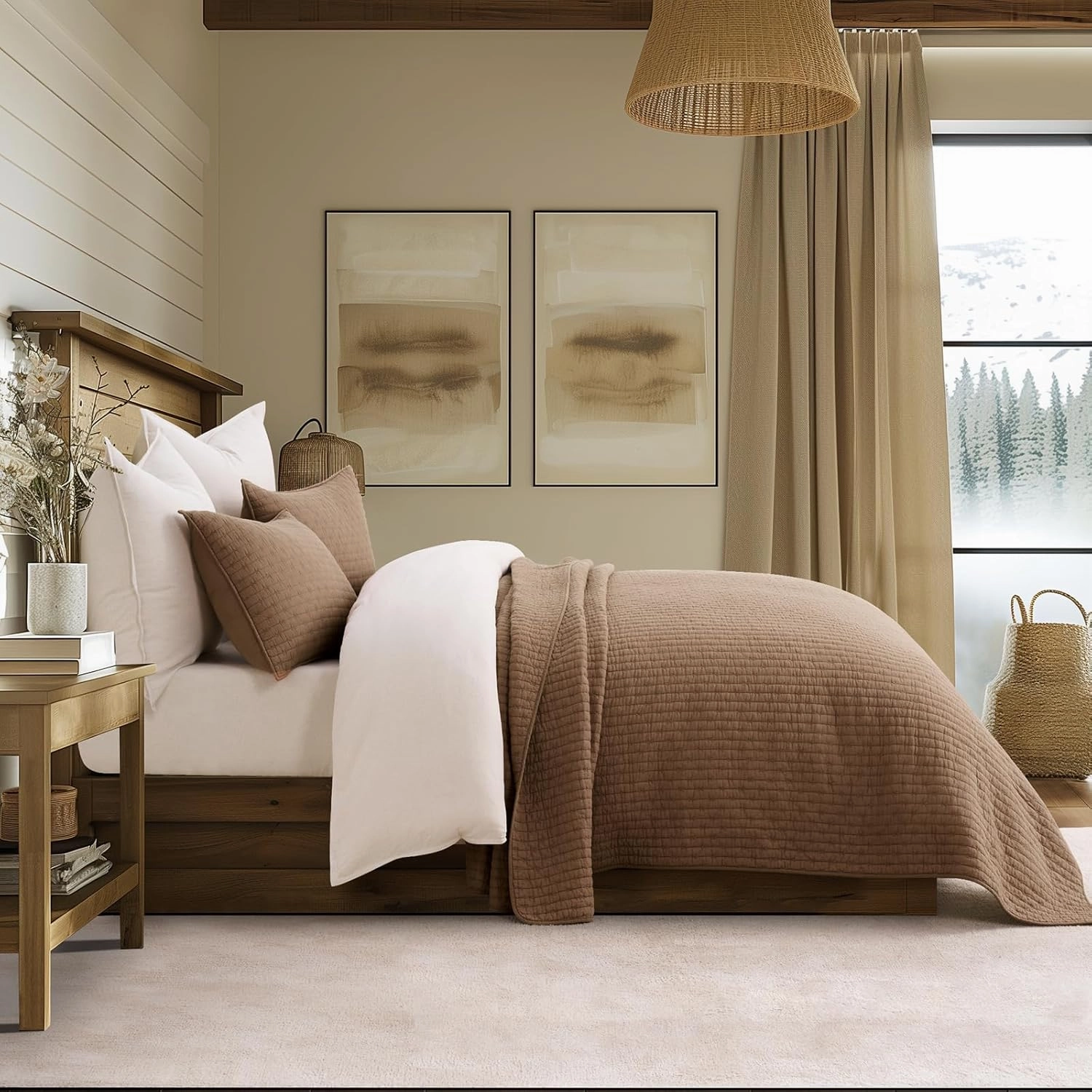 EVERGRACE Cross Stitch Pre-Washed Cotton Quilt Bedding Set King Size, Oversized 3 Pieces Lightweight Bedspread Coverlet for All Season, with 2 Matching Shams, Camel Brown,108"x96"