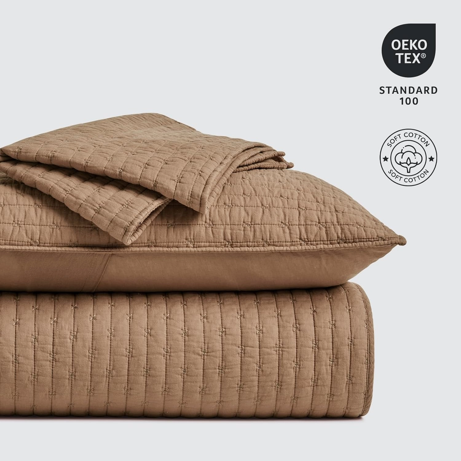 EVERGRACE Cross Stitch Pre-Washed Cotton Quilt Bedding Set King Size, Oversized 3 Pieces Lightweight Bedspread Coverlet for All Season, with 2 Matching Shams, Camel Brown,108"x96"