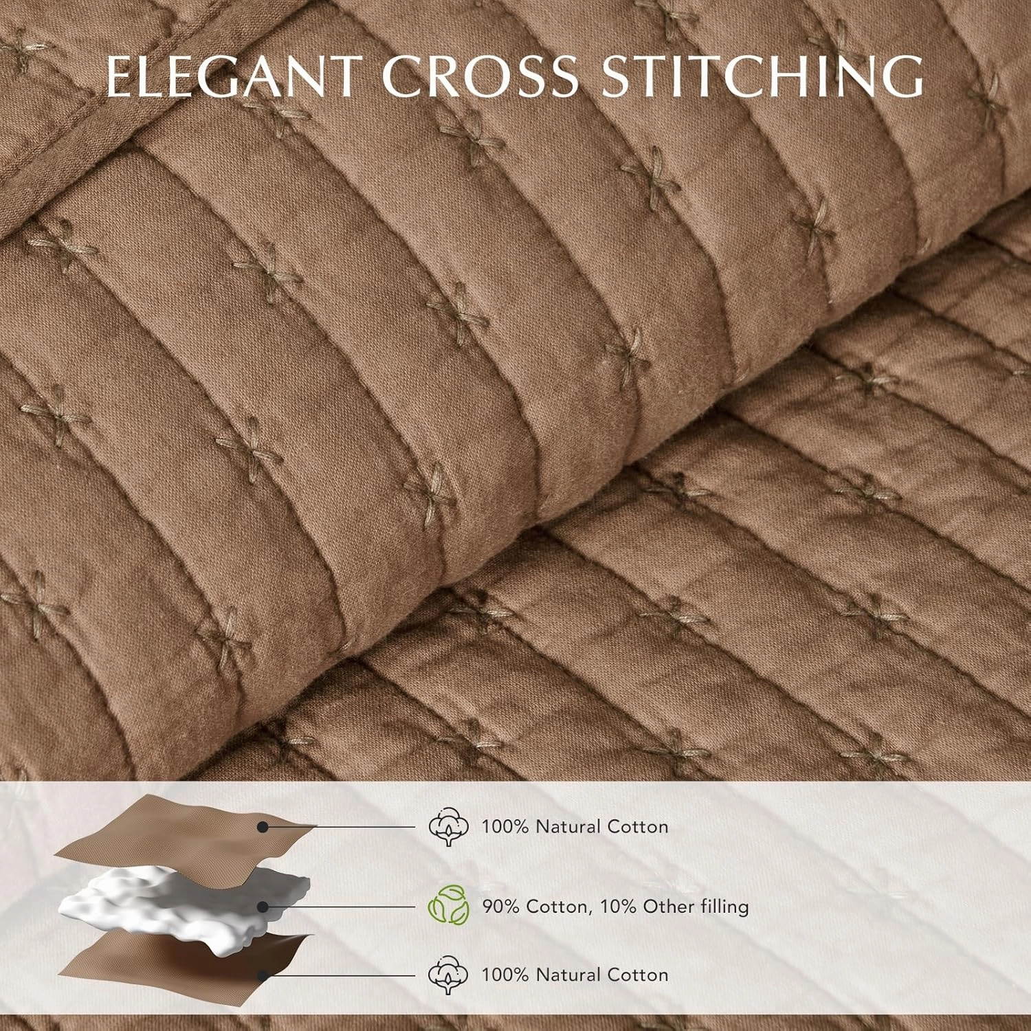 EVERGRACE Cross Stitch Pre-Washed Cotton Quilt Bedding Set King Size, Oversized 3 Pieces Lightweight Bedspread Coverlet for All Season, with 2 Matching Shams, Camel Brown,108"x96"