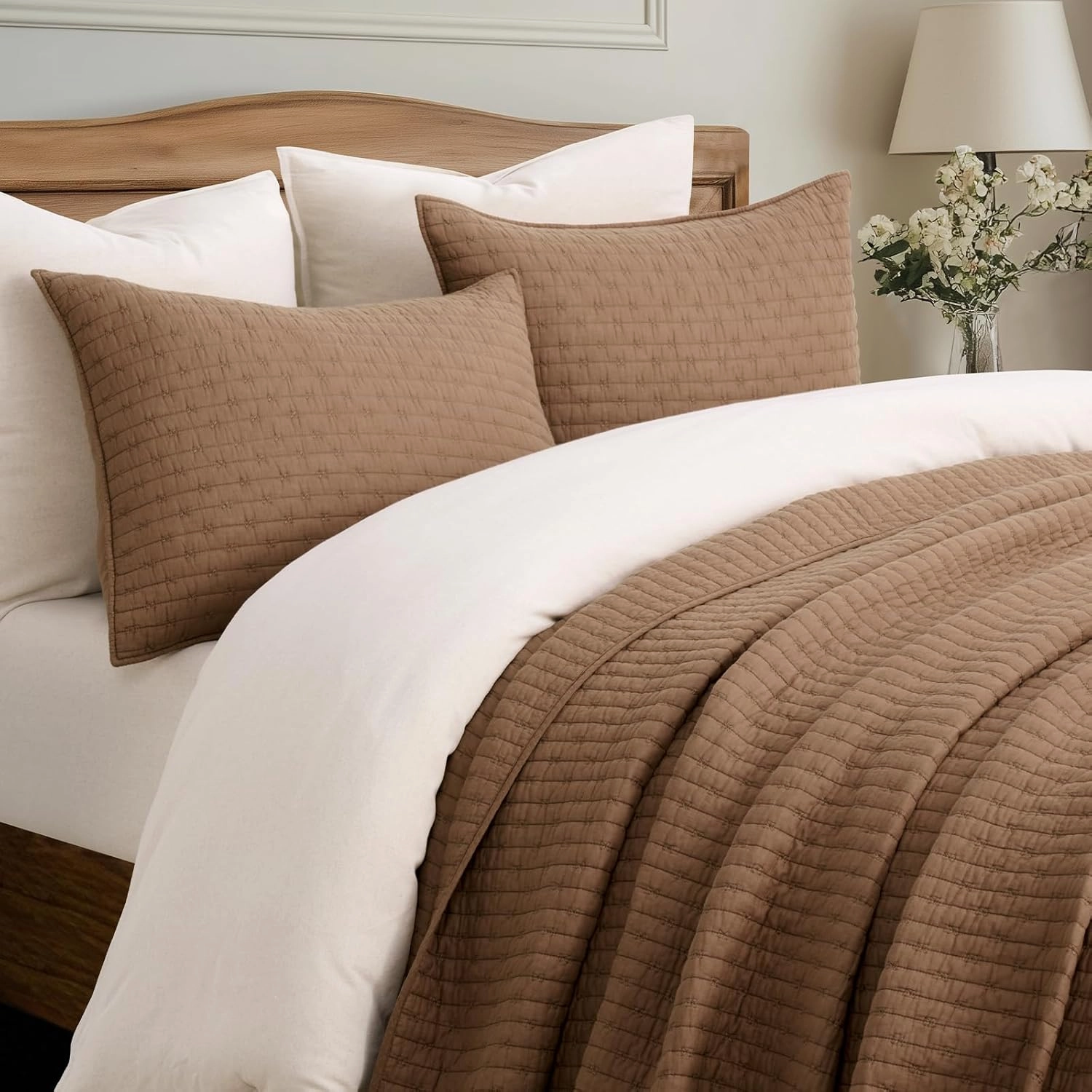 EVERGRACE Cross Stitch Pre-Washed Cotton Quilt Bedding Set King Size, Oversized 3 Pieces Lightweight Bedspread Coverlet for All Season, with 2 Matching Shams, Camel Brown,108"x96"