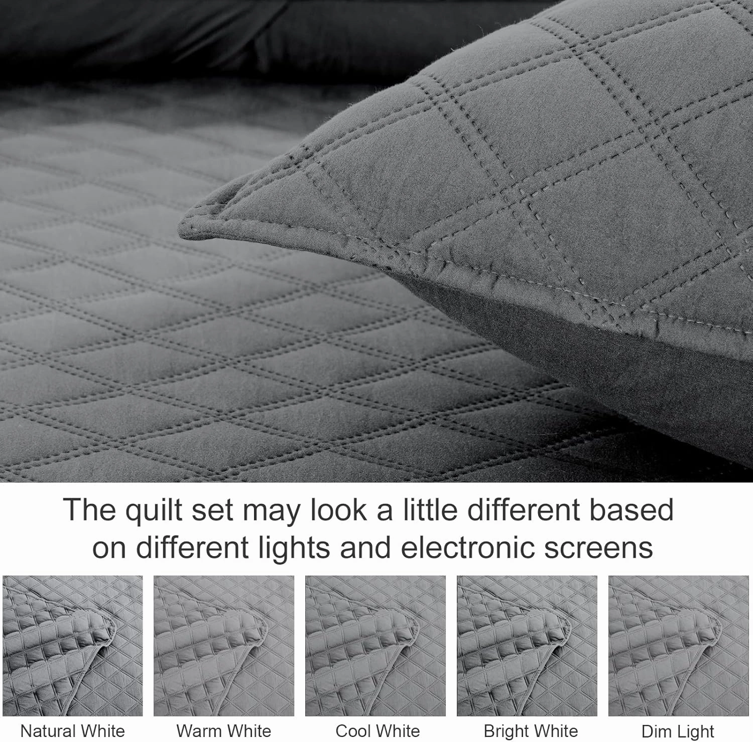 Exclusivo Mezcla Soft Quilt Set Queen Full Size, 3 Pieces Lightweight Quilts Grey Bedspreads Coverlets Bedding Set for All Seasons, Grid Pattern
