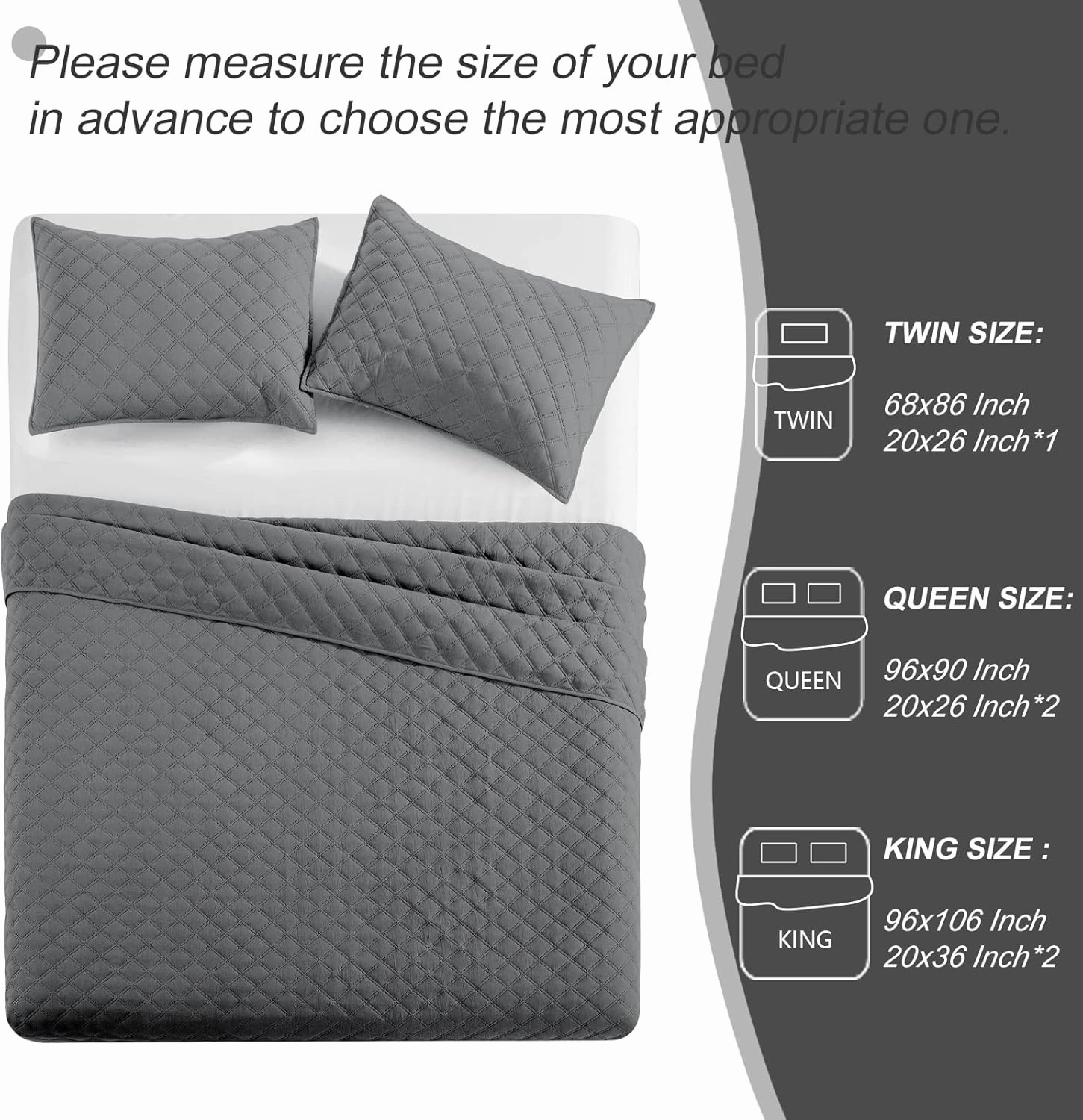 Exclusivo Mezcla Soft Quilt Set Queen Full Size, 3 Pieces Lightweight Quilts Grey Bedspreads Coverlets Bedding Set for All Seasons, Grid Pattern
