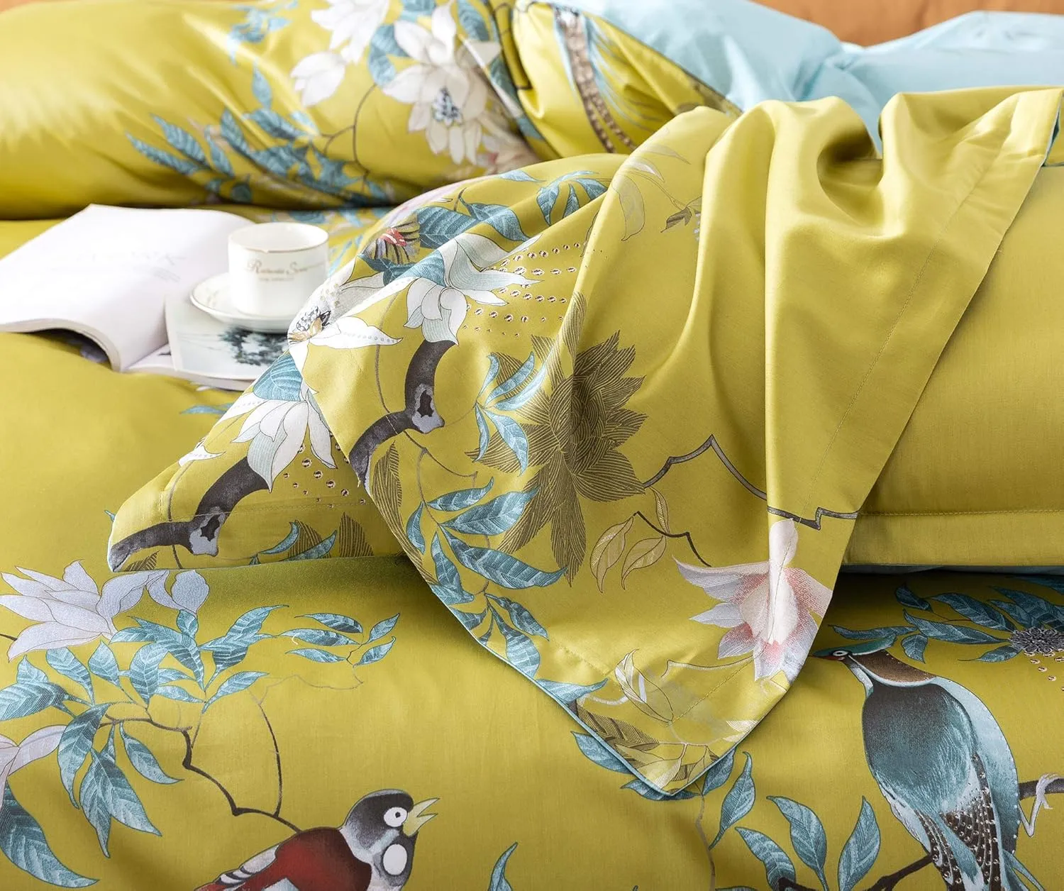 Exotic Modern Floral Print Bedding Birds Flowers Dusty Grey Design 100% Cotton Duvet Cover 3pc Set Hibiscus Blossom Branches in Muted Gray Blue (King, Citronelle Green)