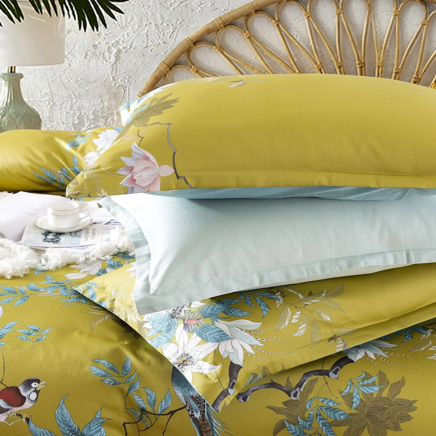 Exotic Modern Floral Print Bedding Birds Flowers Dusty Grey Design 100% Cotton Duvet Cover 3pc Set Hibiscus Blossom Branches in Muted Gray Blue (King, Citronelle Green)