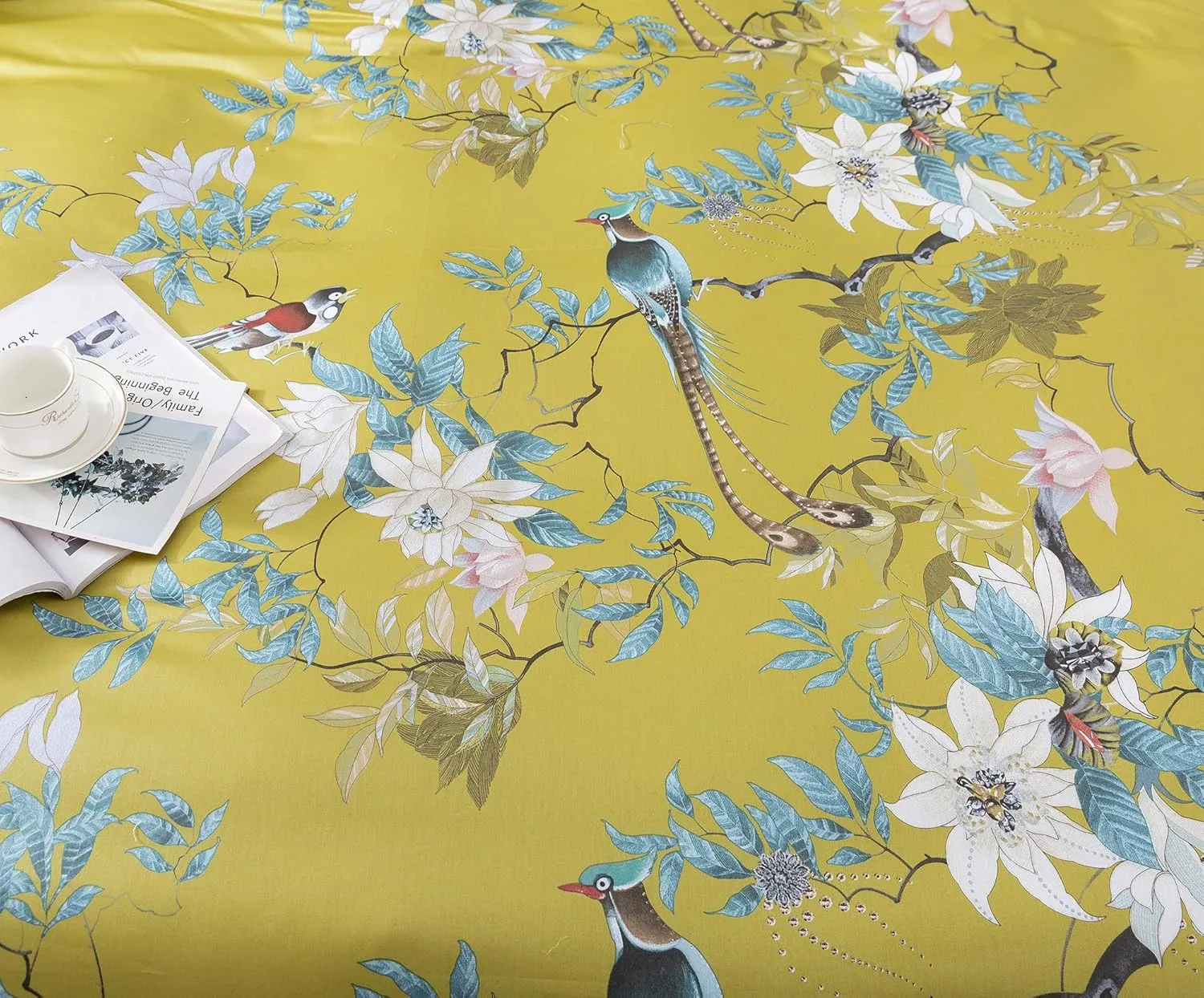 Exotic Modern Floral Print Bedding Birds Flowers Dusty Grey Design 100% Cotton Duvet Cover 3pc Set Hibiscus Blossom Branches in Muted Gray Blue (King, Citronelle Green)