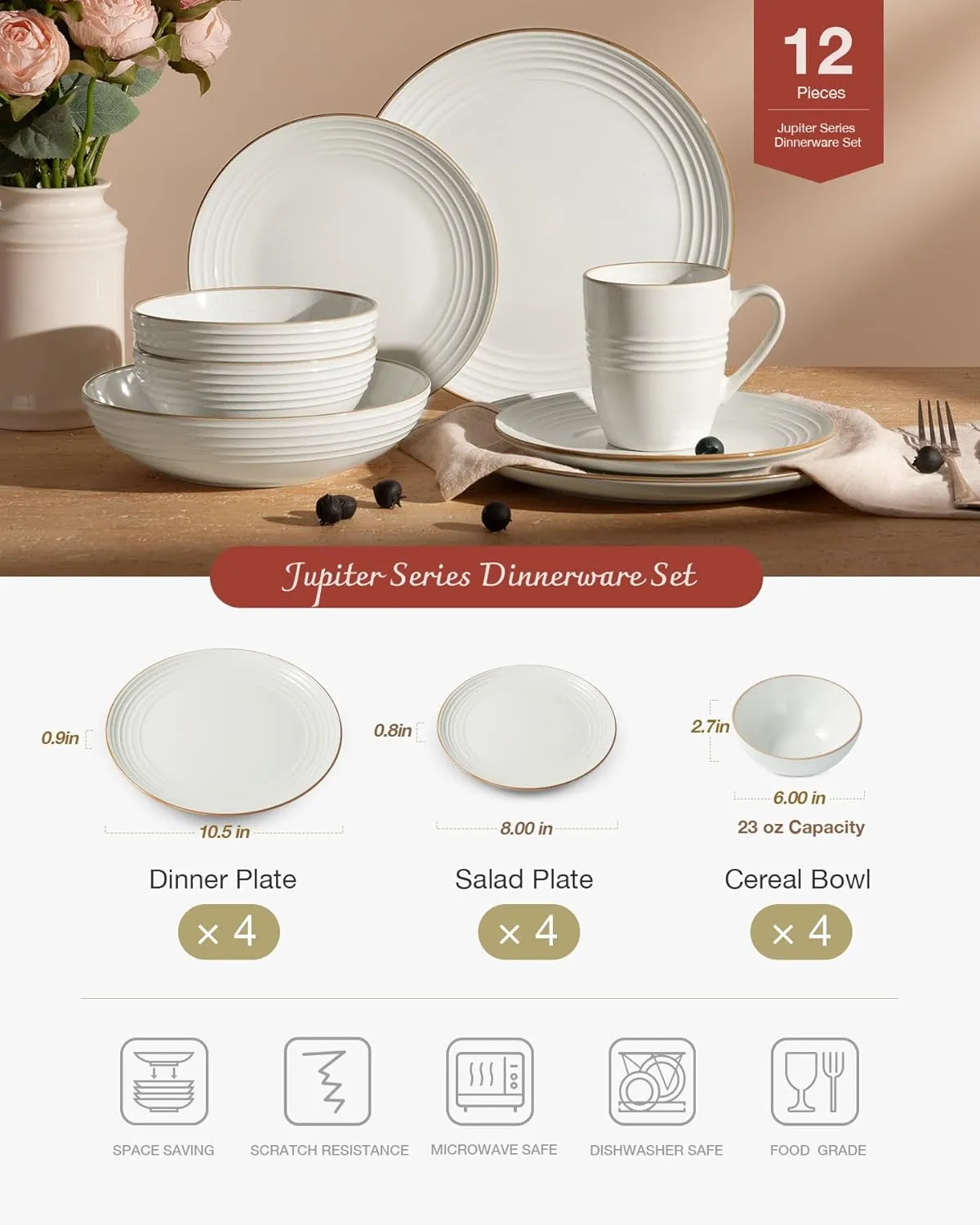 Famiware Jupiter Dinnerware Set, Plates and Bowls Dish Sets for 4 (12 Pieces), Microwave and Dishwasher Safe Stoneware Tableware, Chip and Scratch Resistant, White