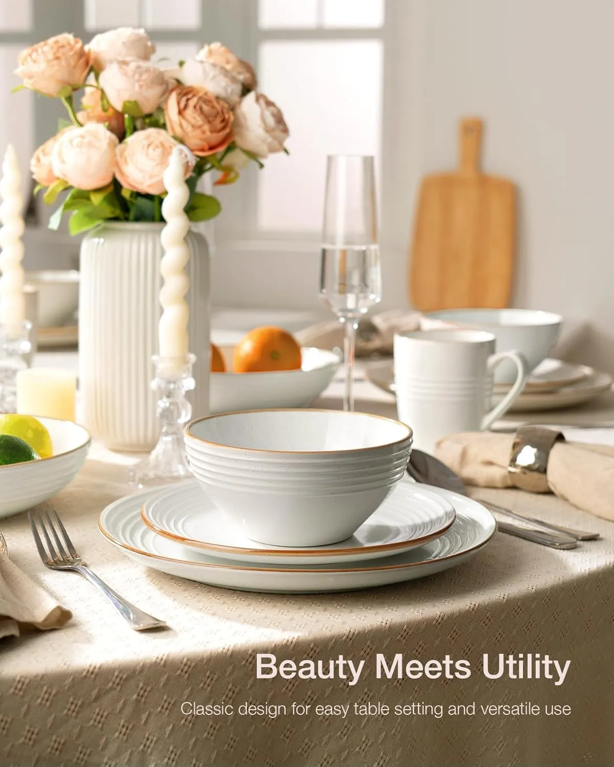 Famiware Jupiter Dinnerware Set, Plates and Bowls Dish Sets for 4 (12 Pieces), Microwave and Dishwasher Safe Stoneware Tableware, Chip and Scratch Resistant, White