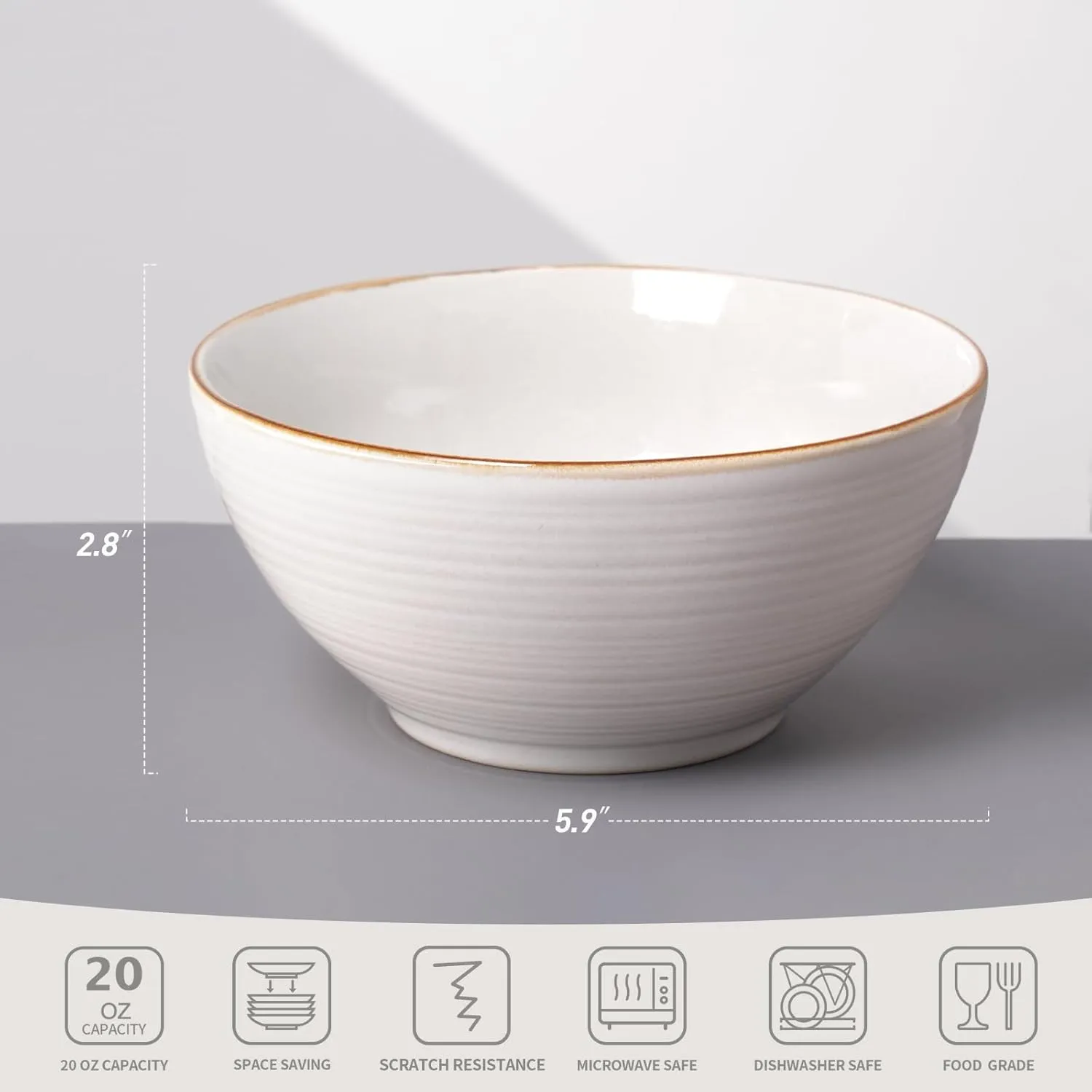 Famiware Tempus Cereal Bowls Set of 6, 20 oz Salad & Soup Bowls - Dishwasher & Microwave Safe - Antique White