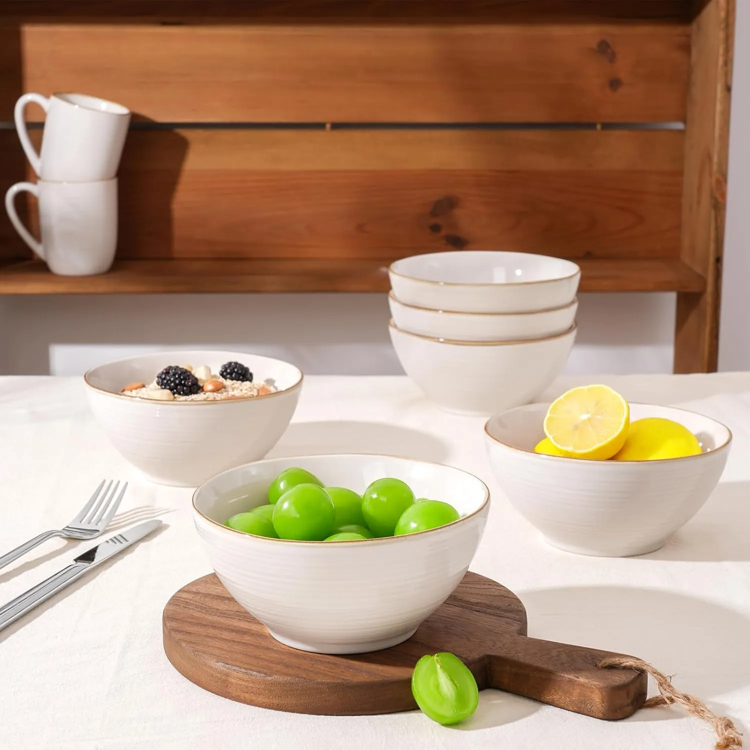 Famiware Tempus Cereal Bowls Set of 6, 20 oz Salad & Soup Bowls - Dishwasher & Microwave Safe - Antique White