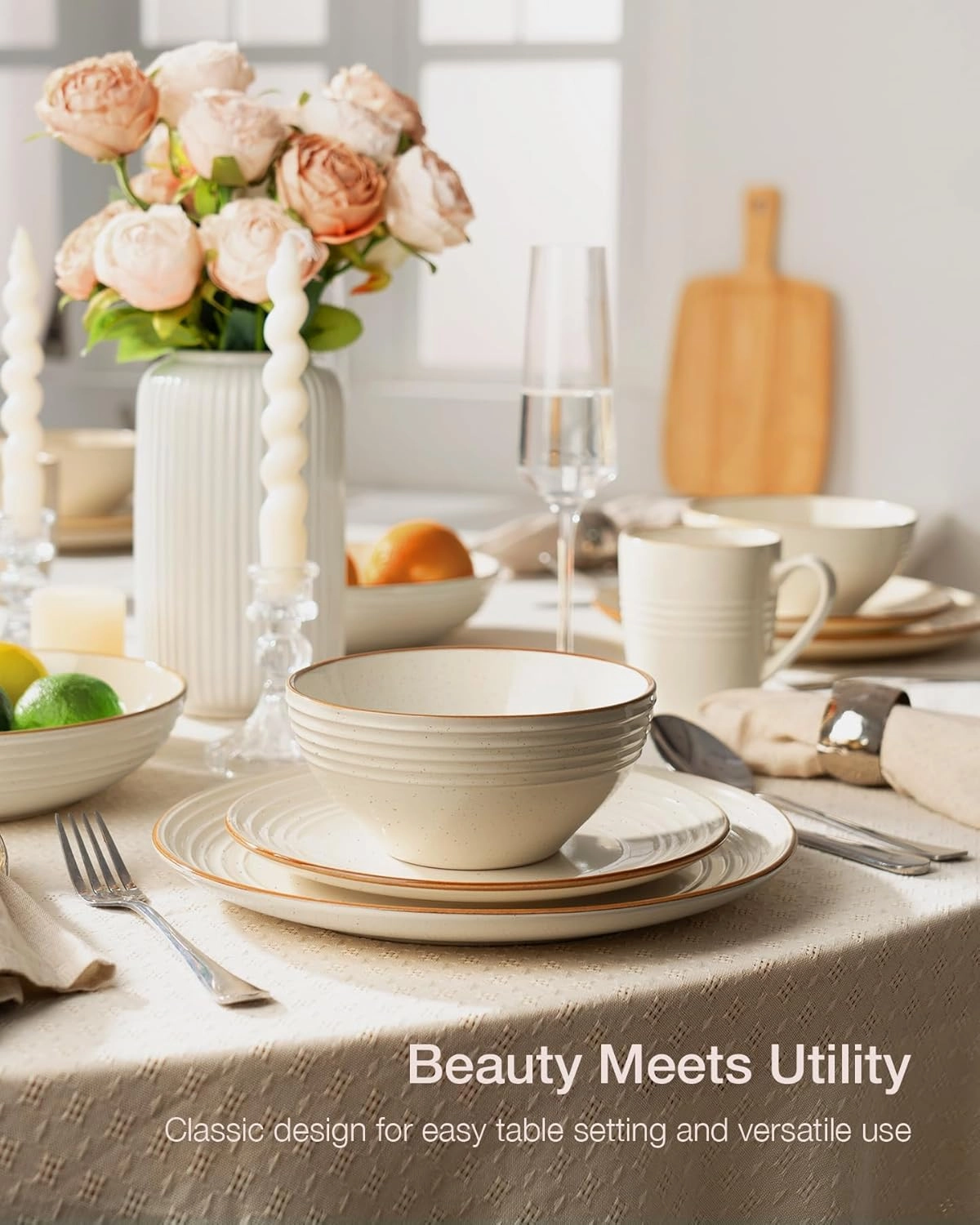 Famiware Jupiter Dinnerware Set, Plates and Bowls Dish Sets for 4 (12 Pieces), Microwave and Dishwasher Safe Stoneware Tableware, Chip and Scratch Resistant, Vanilla White
