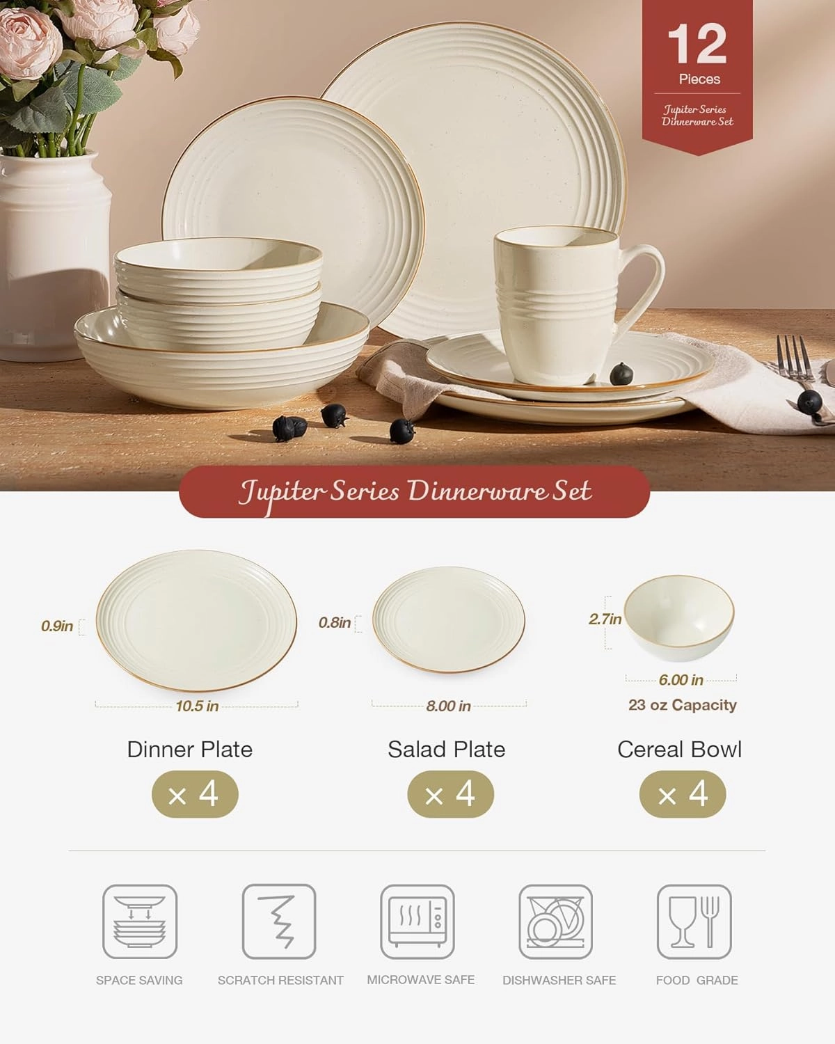 Famiware Jupiter Dinnerware Set, Plates and Bowls Dish Sets for 4 (12 Pieces), Microwave and Dishwasher Safe Stoneware Tableware, Chip and Scratch Resistant, Vanilla White