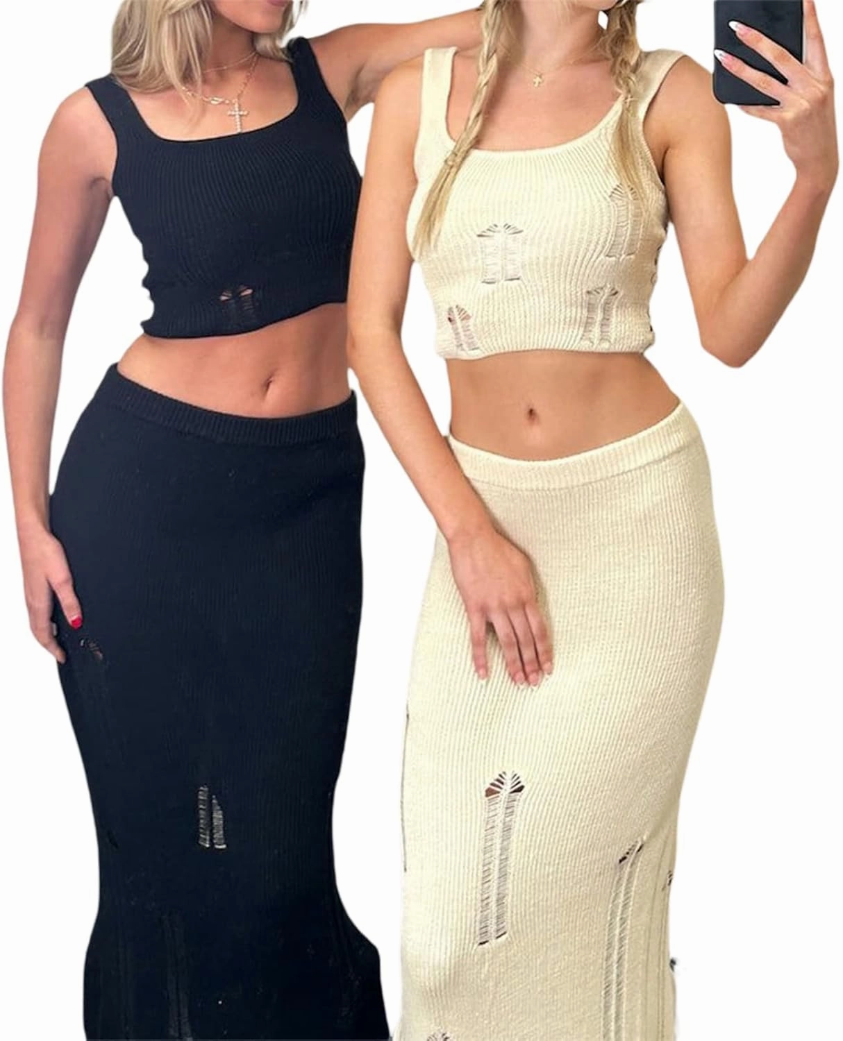Faretumiya Women 2 Piece Beach Outfits Sleeveless Hollow Out Knit Crop Top Bodycon Long Skirt Set 2pcs Crochet Cover Up Set