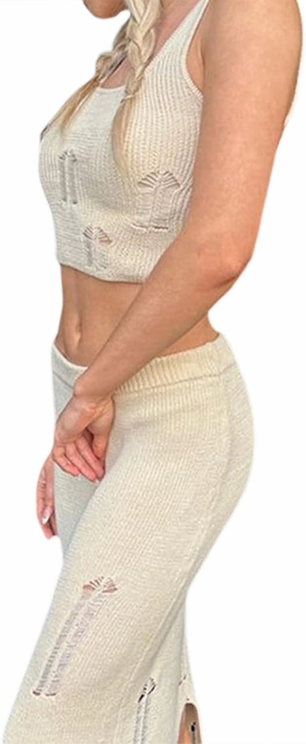 Faretumiya Women 2 Piece Beach Outfits Sleeveless Hollow Out Knit Crop Top Bodycon Long Skirt Set 2pcs Crochet Cover Up Set