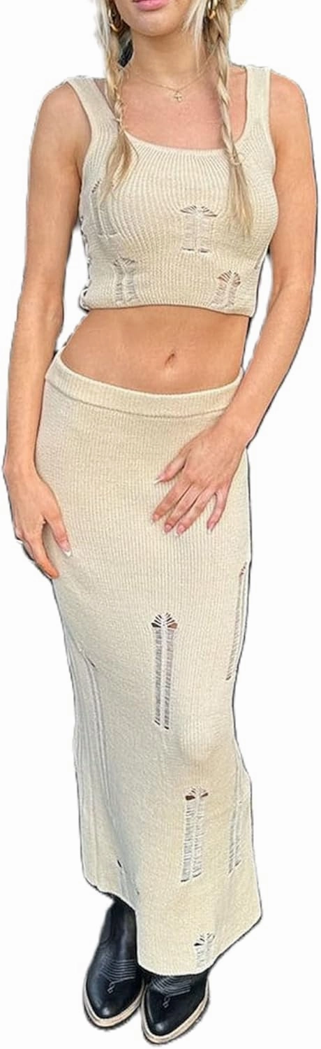 Faretumiya Women 2 Piece Beach Outfits Sleeveless Hollow Out Knit Crop Top Bodycon Long Skirt Set 2pcs Crochet Cover Up Set