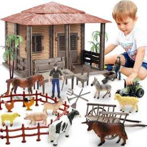 Farm Animals Farmhouse Building Toys, Farm Figurines and Fence Playset, Farmer Vehicle Toy Truck Pretend Play Set for 3-10 Years Old Kids Boys Girls Toddlers, 150PCS