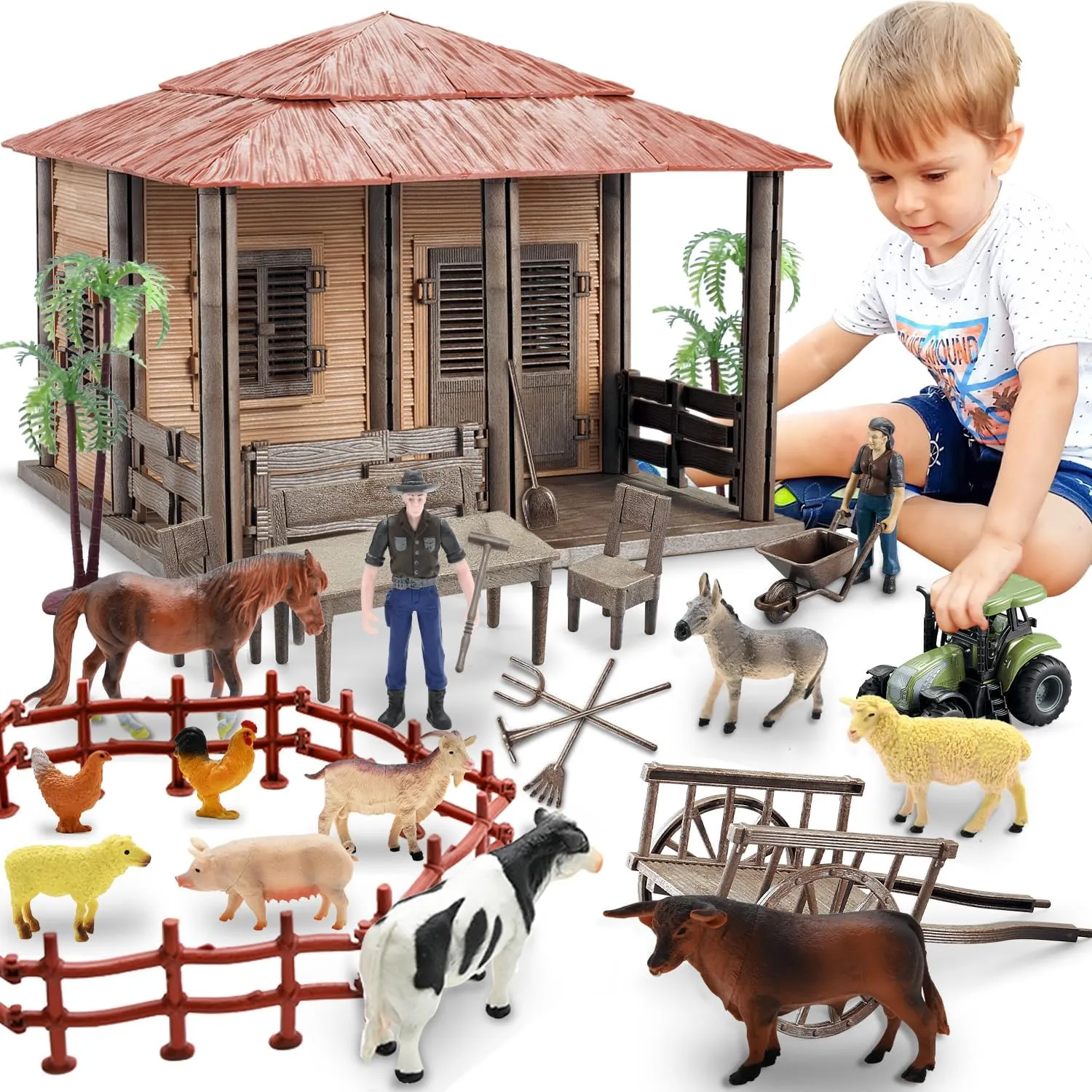 Farm Animals Farmhouse Building Toys, Farm Figurines and Fence Playset, Farmer Vehicle Toy Truck Pretend Play Set for 3-10 Years Old Kids Boys Girls Toddlers, 150PCS