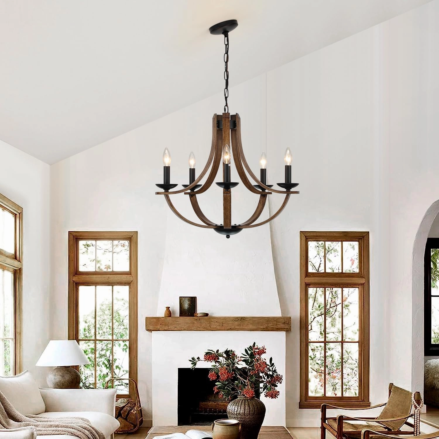Farmhouse Chandeliers for Dining Room Light Fixture, 5-Light 24 inch Faux Wood Texture Hanging Lighting Fixtures, Rustic Candle Chandeliers for Living Room Kitchen Island Foyer Entryway