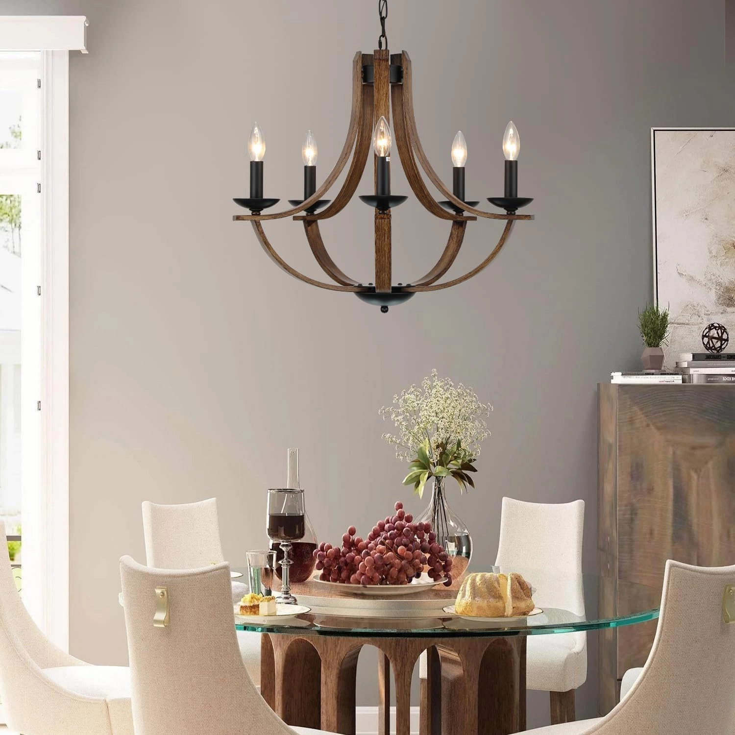 Farmhouse Chandeliers for Dining Room Light Fixture, 5-Light 24 inch Faux Wood Texture Hanging Lighting Fixtures, Rustic Candle Chandeliers for Living Room Kitchen Island Foyer Entryway