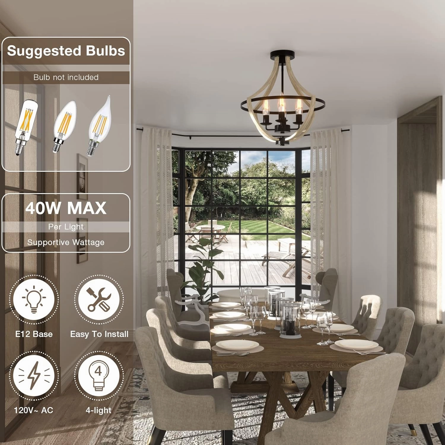 Farmhouse Light Fixtures Chandelier, 4-Light Rustic Flush Mount Ceiling Light, Beige Wood Light Fixture for Dining Room Kitchen Foyer Hallway Entryway Bedroom Closet