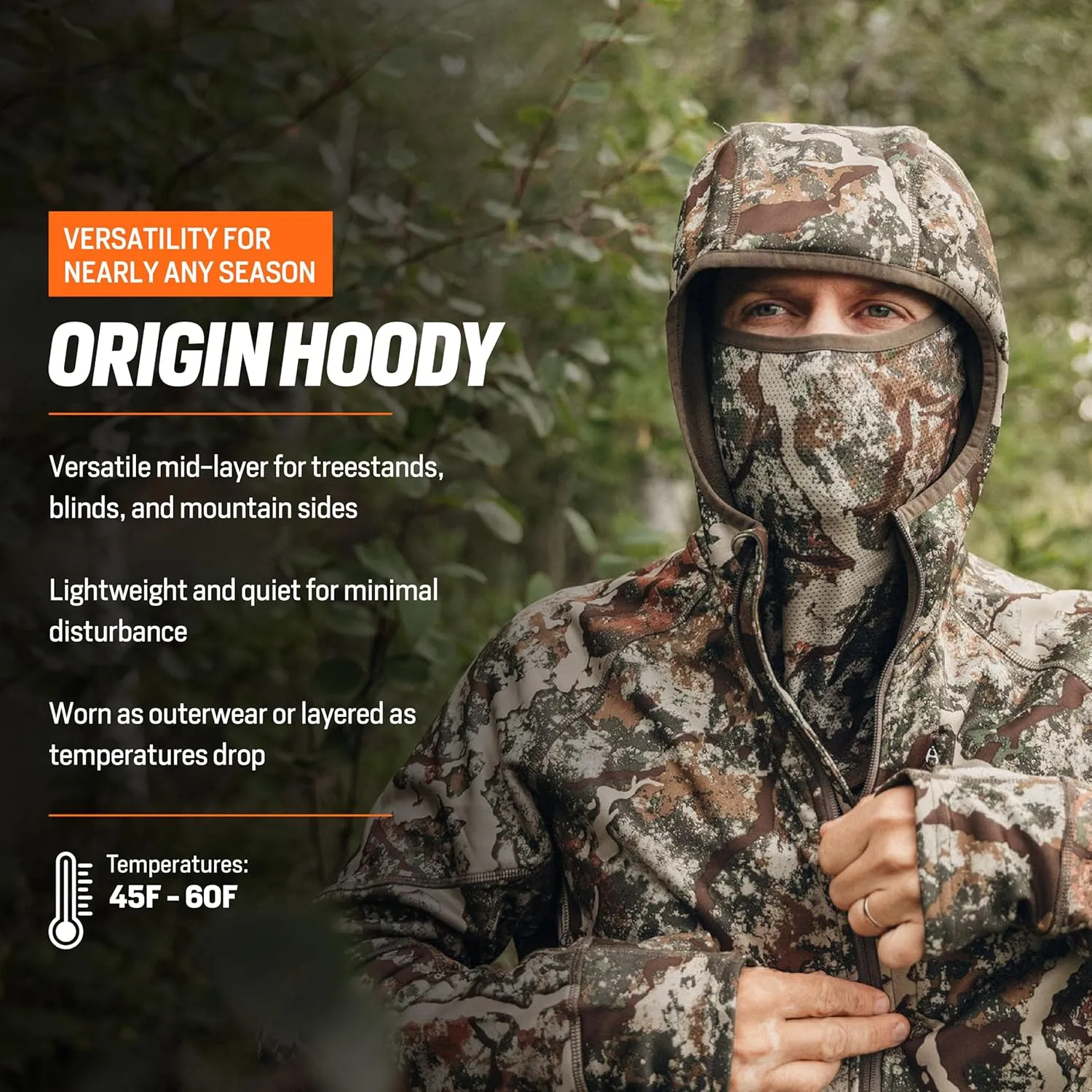 First Lite Men’s Origin Hoody - Lightweight Knit Fleece Insulated Camo Hunting Pullover, Thermal Mid Layer With Face Mask