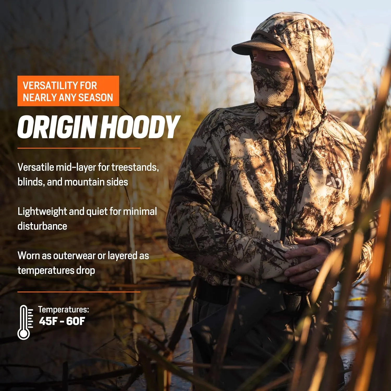 First Lite Men’s Origin Hoody - Lightweight Knit Fleece Insulated Camo Hunting Pullover, Thermal Mid Layer With Face Mask