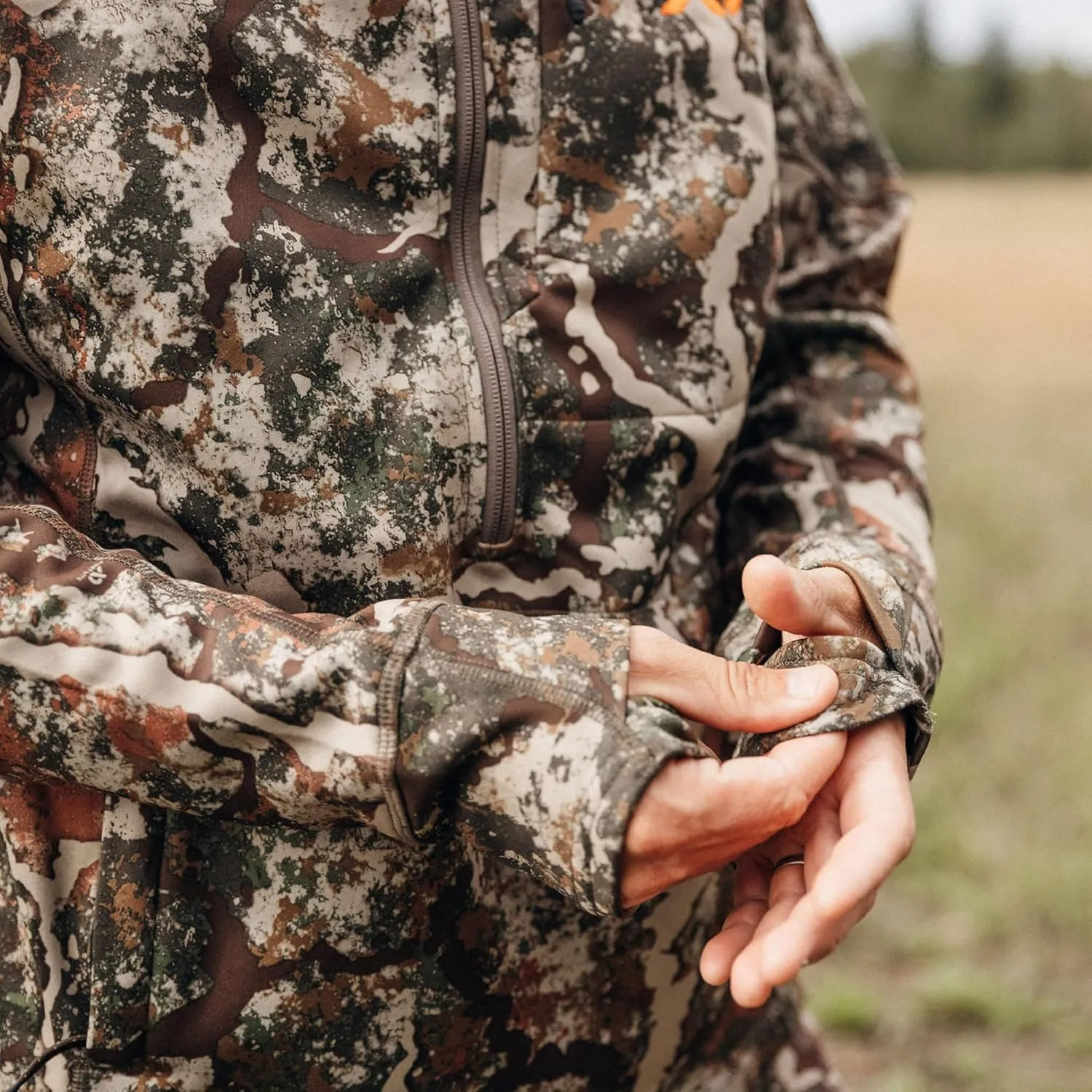 First Lite Men’s Origin Hoody - Lightweight Knit Fleece Insulated Camo Hunting Pullover, Thermal Mid Layer With Face Mask