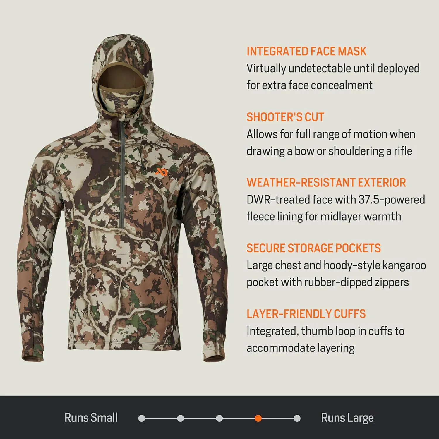First Lite Men’s Origin Hoody - Lightweight Knit Fleece Insulated Camo Hunting Pullover, Thermal Mid Layer With Face Mask
