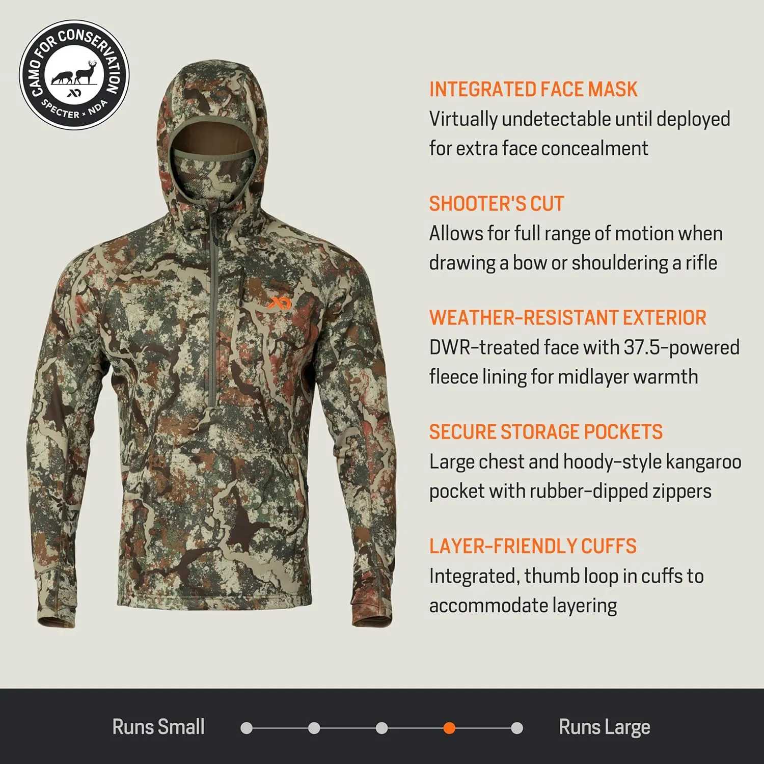 First Lite Men’s Origin Hoody - Lightweight Knit Fleece Insulated Camo Hunting Pullover, Thermal Mid Layer With Face Mask