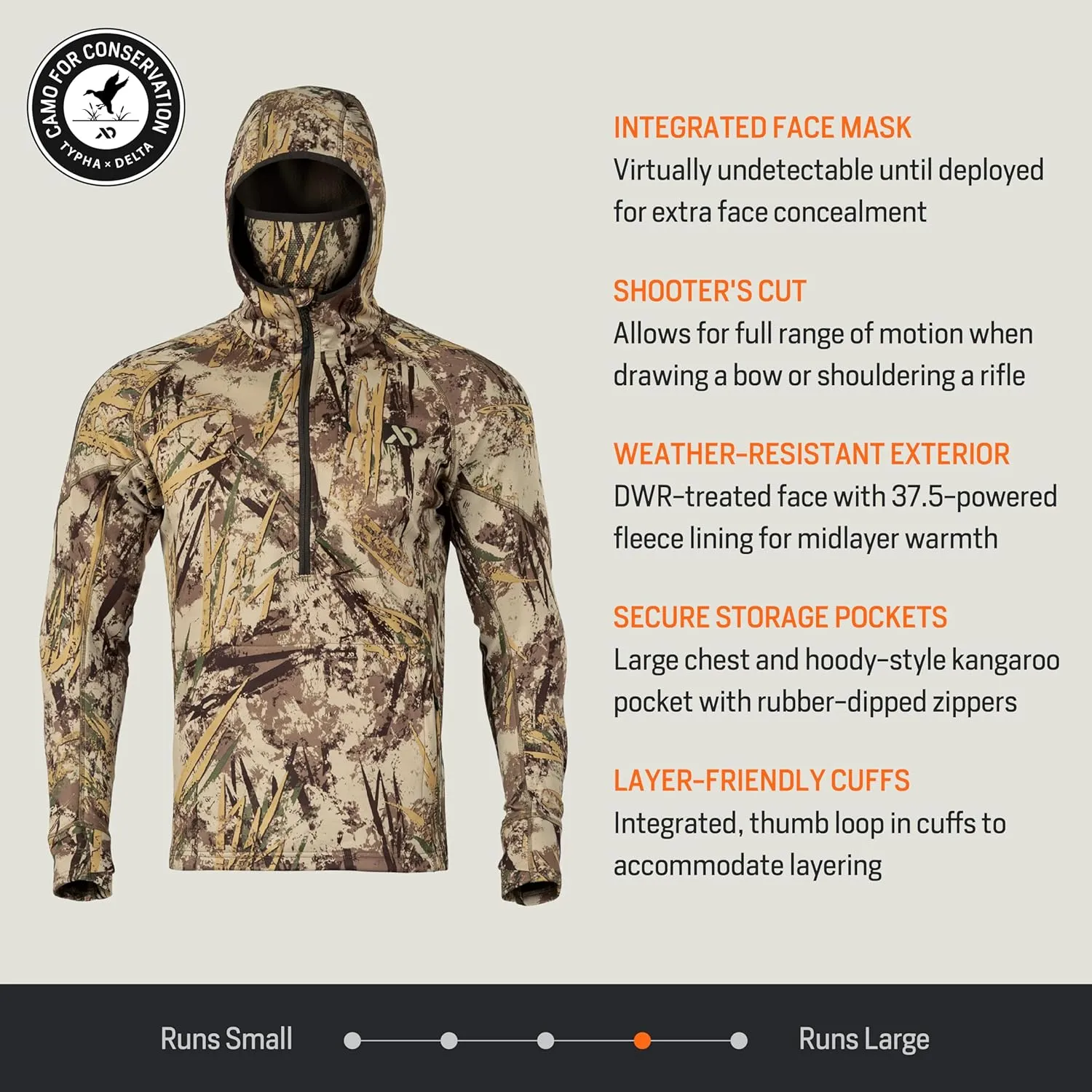 First Lite Men’s Origin Hoody - Lightweight Knit Fleece Insulated Camo Hunting Pullover, Thermal Mid Layer With Face Mask