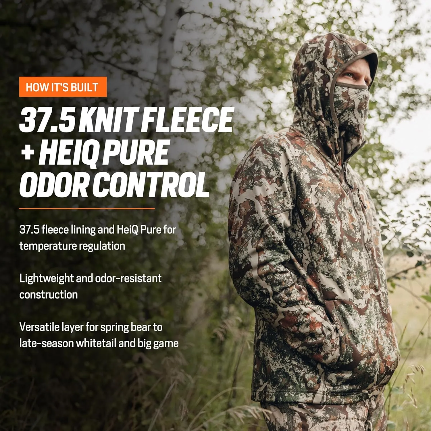 First Lite Men’s Origin Hoody - Lightweight Knit Fleece Insulated Camo Hunting Pullover, Thermal Mid Layer With Face Mask