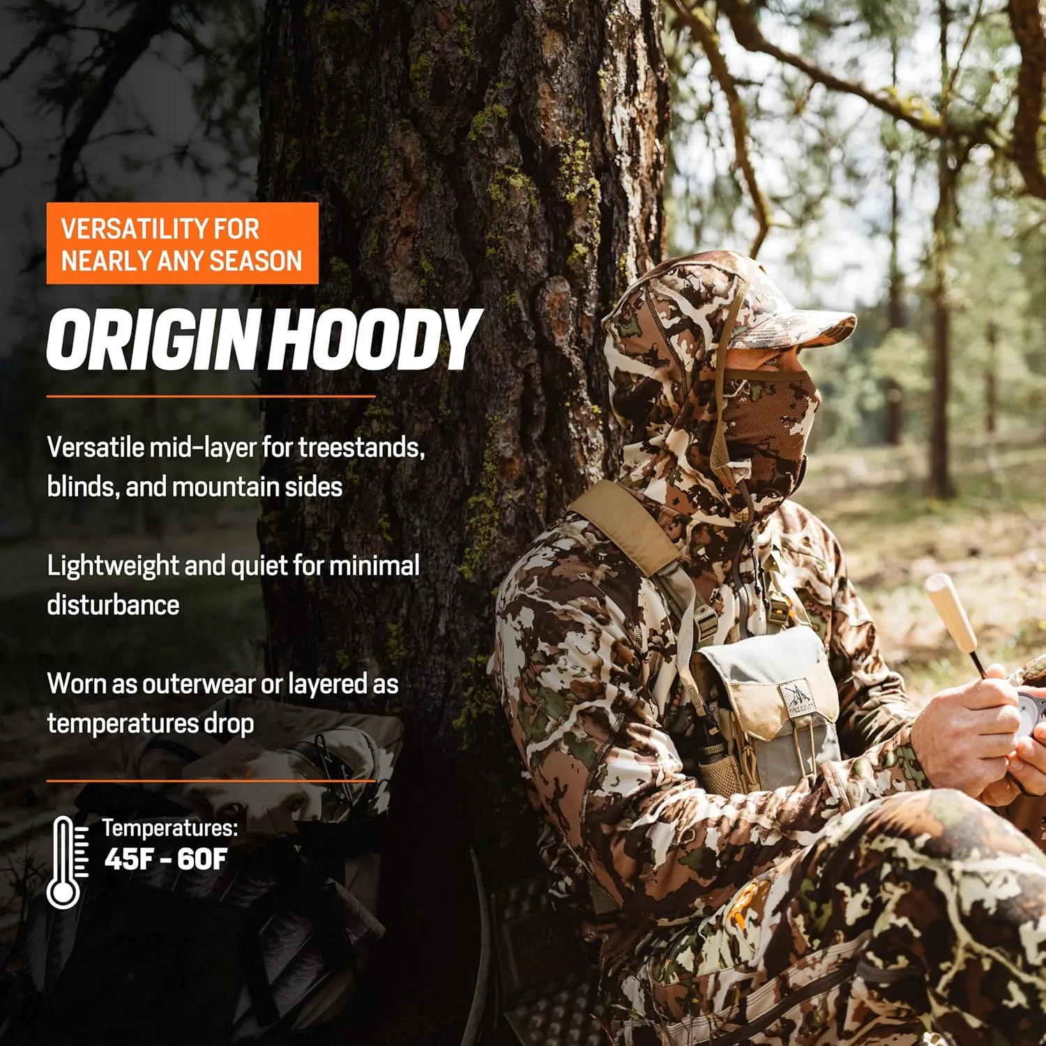 First Lite Men’s Origin Hoody - Lightweight Knit Fleece Insulated Camo Hunting Pullover, Thermal Mid Layer With Face Mask