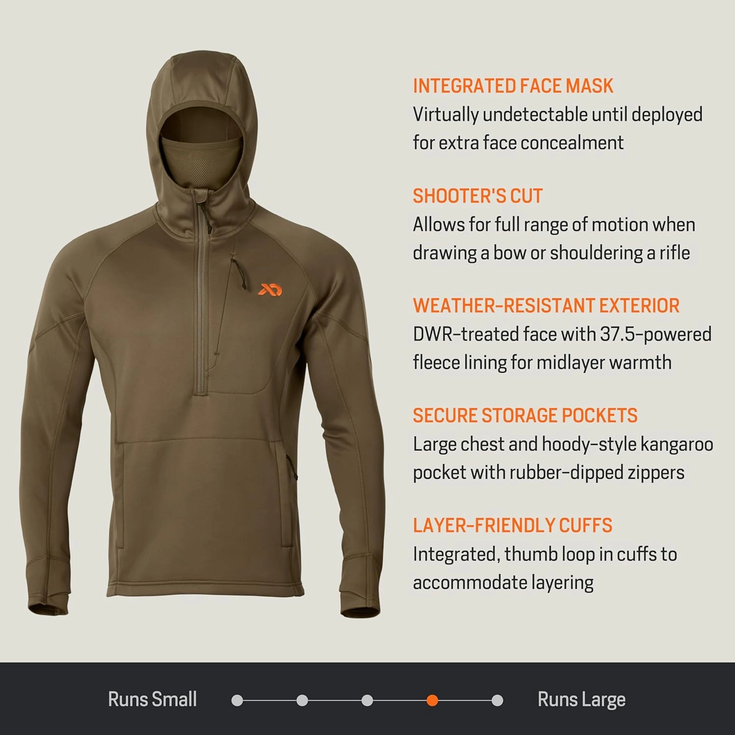 First Lite Men’s Origin Hoody - Lightweight Knit Fleece Insulated Camo Hunting Pullover, Thermal Mid Layer With Face Mask