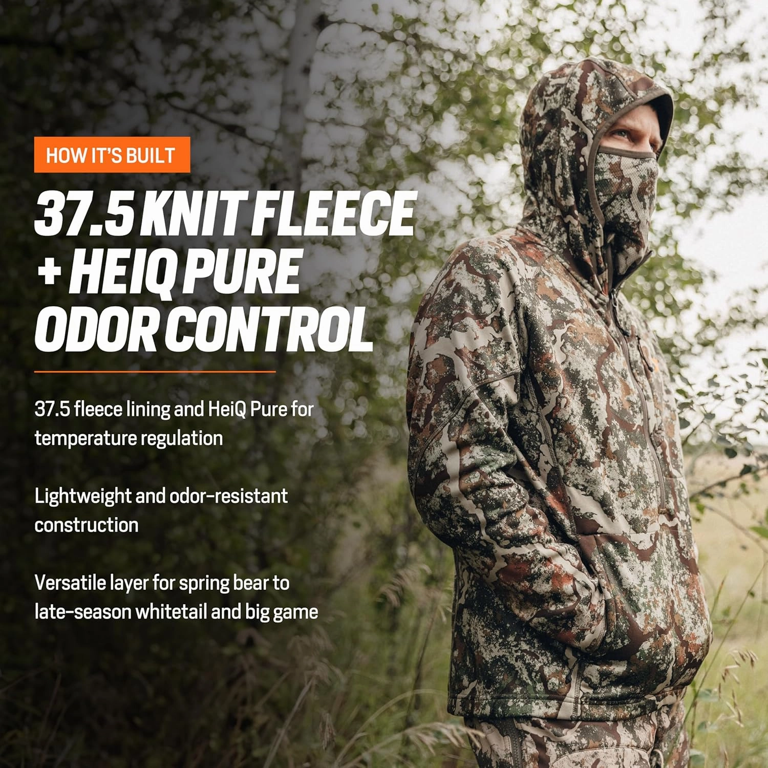First Lite Men’s Origin Hoody - Lightweight Knit Fleece Insulated Camo Hunting Pullover, Thermal Mid Layer With Face Mask