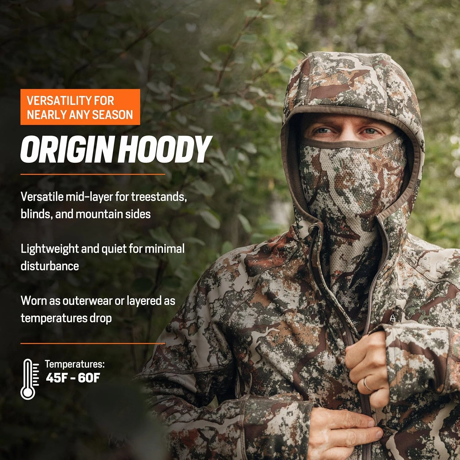 First Lite Men’s Origin Hoody - Lightweight Knit Fleece Insulated Camo Hunting Pullover, Thermal Mid Layer With Face Mask