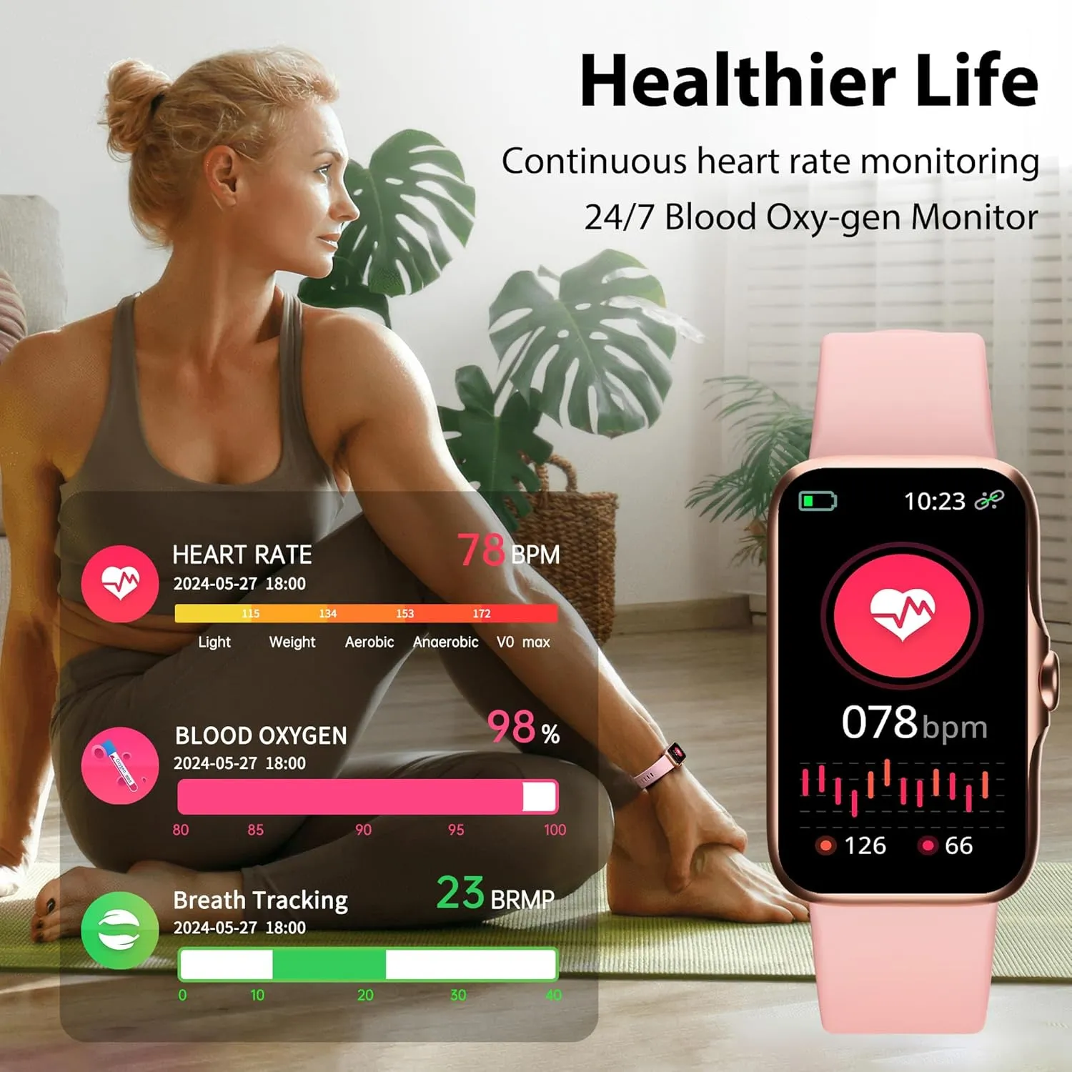 Fitness Tracker with 24/7 Continuous Heart Rate, Blood Oxygen Monitor, Smart Watch with Sleep Monitor, IP68 Waterproof Activity Tracker Step Counter for Women Men