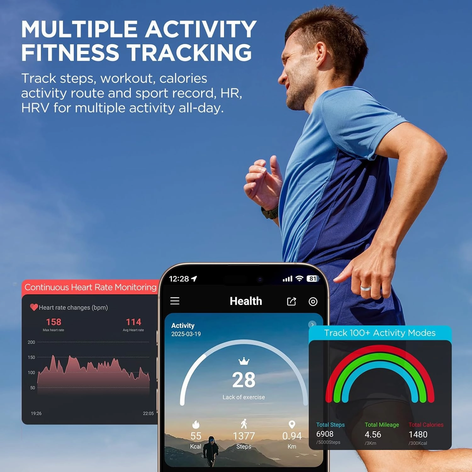 Fitness Tracker, Smart Ring for Women Men, Fitness Ring with Sleep Tracker, 24/7 Heart Rate Monitor, Health Activity Trackers, Step Counter,Calorie Pedometer,No Subscription,for iOS Android(Black,#10)