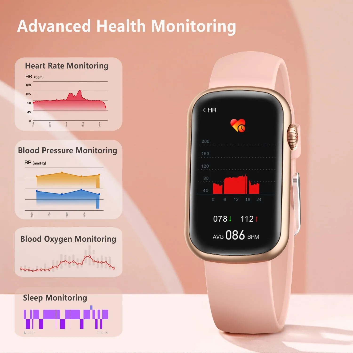 FITVII Slim Fitness Tracker with Blood Oxygen, Blood Pressure, 24/7 Heart Rate and Sleep Tracking, IP68 Waterproof Activity Trackers and Smart Watches with Step Tracker, Pedometer for Women Men