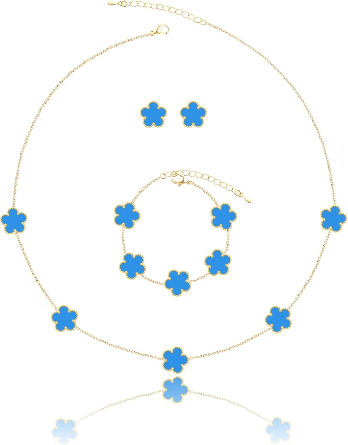 Five Leaf Clover Necklace Bracelet and Stud Set for Women Lucky Flower Gold Plated Jewelry