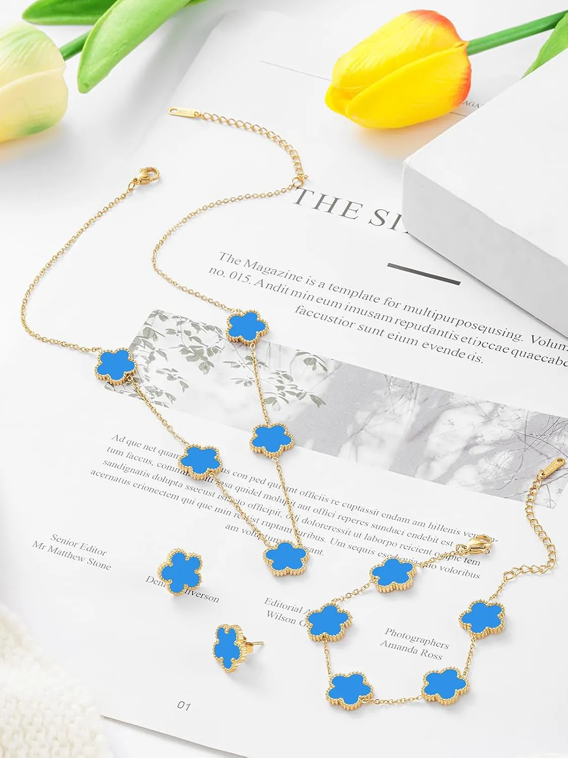 Five Leaf Clover Necklace Bracelet and Stud Set for Women Lucky Flower Gold Plated Jewelry