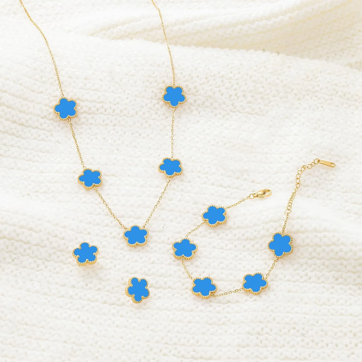 Five Leaf Clover Necklace Bracelet and Stud Set for Women Lucky Flower Gold Plated Jewelry