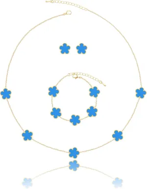 Five Leaf Clover Necklace Bracelet and Stud Set for Women Lucky Flower Gold Plated Jewelry