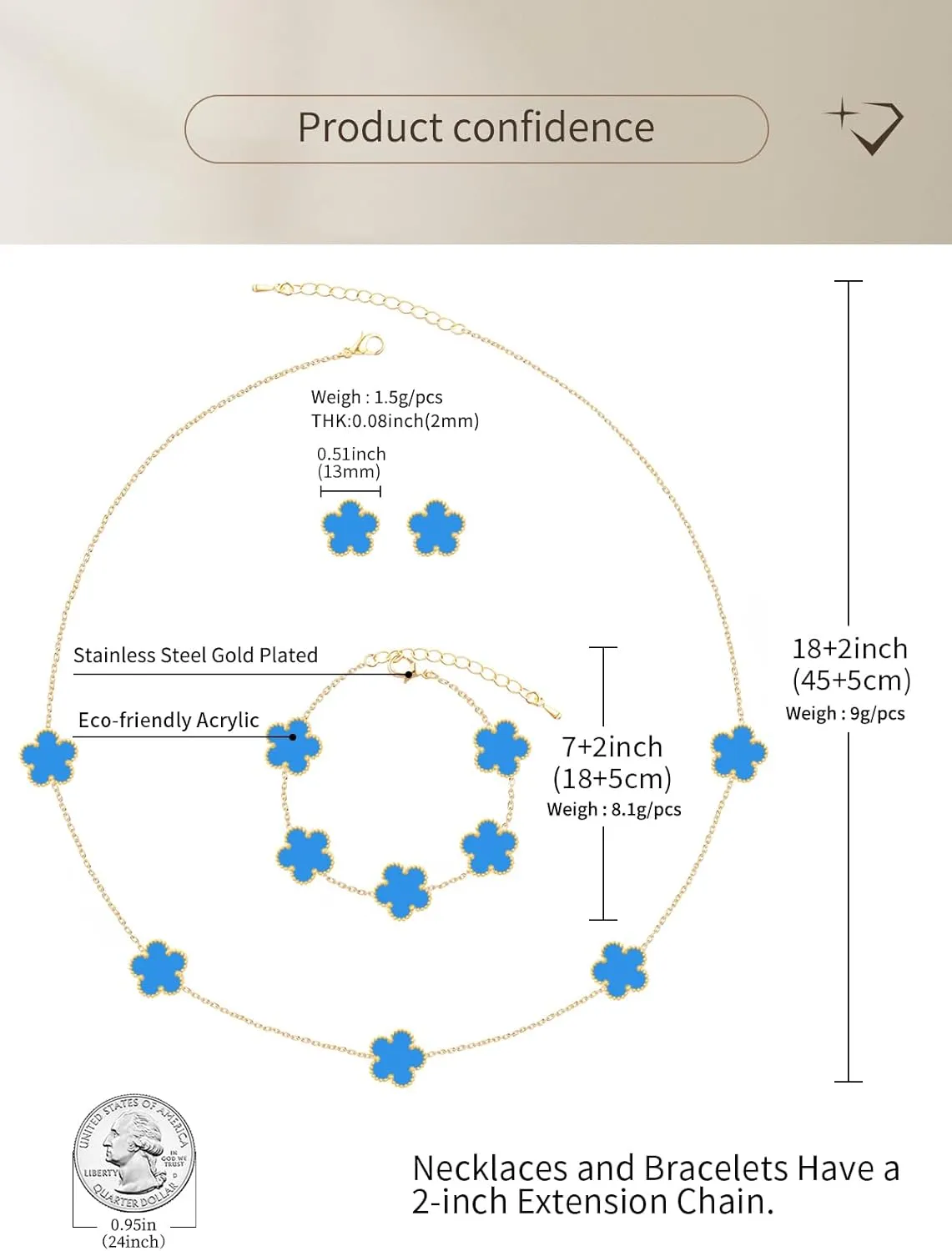 Five Leaf Clover Necklace Bracelet and Stud Set for Women Lucky Flower Gold Plated Jewelry